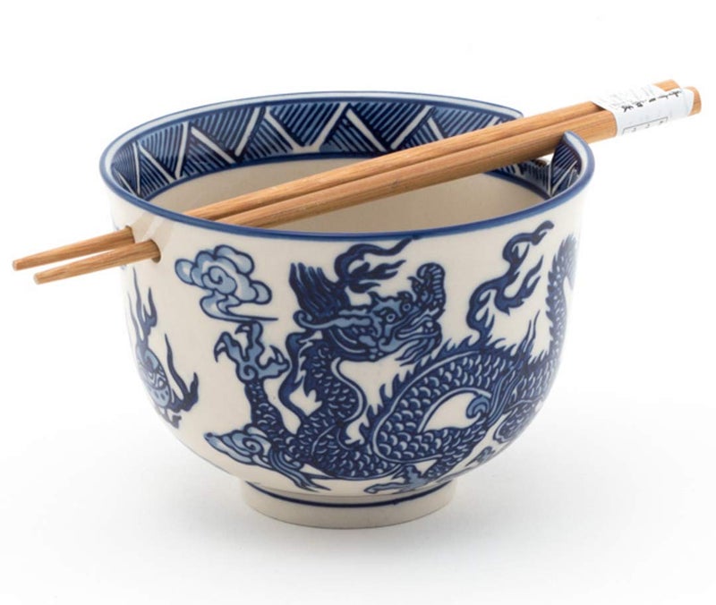 Happy Sales, Multi Purpose 5"D Ramen Udon Soba Pho Noodle Donburi Rice Tayo Bowl with Chopsticks (BlueDragon) - Image 1